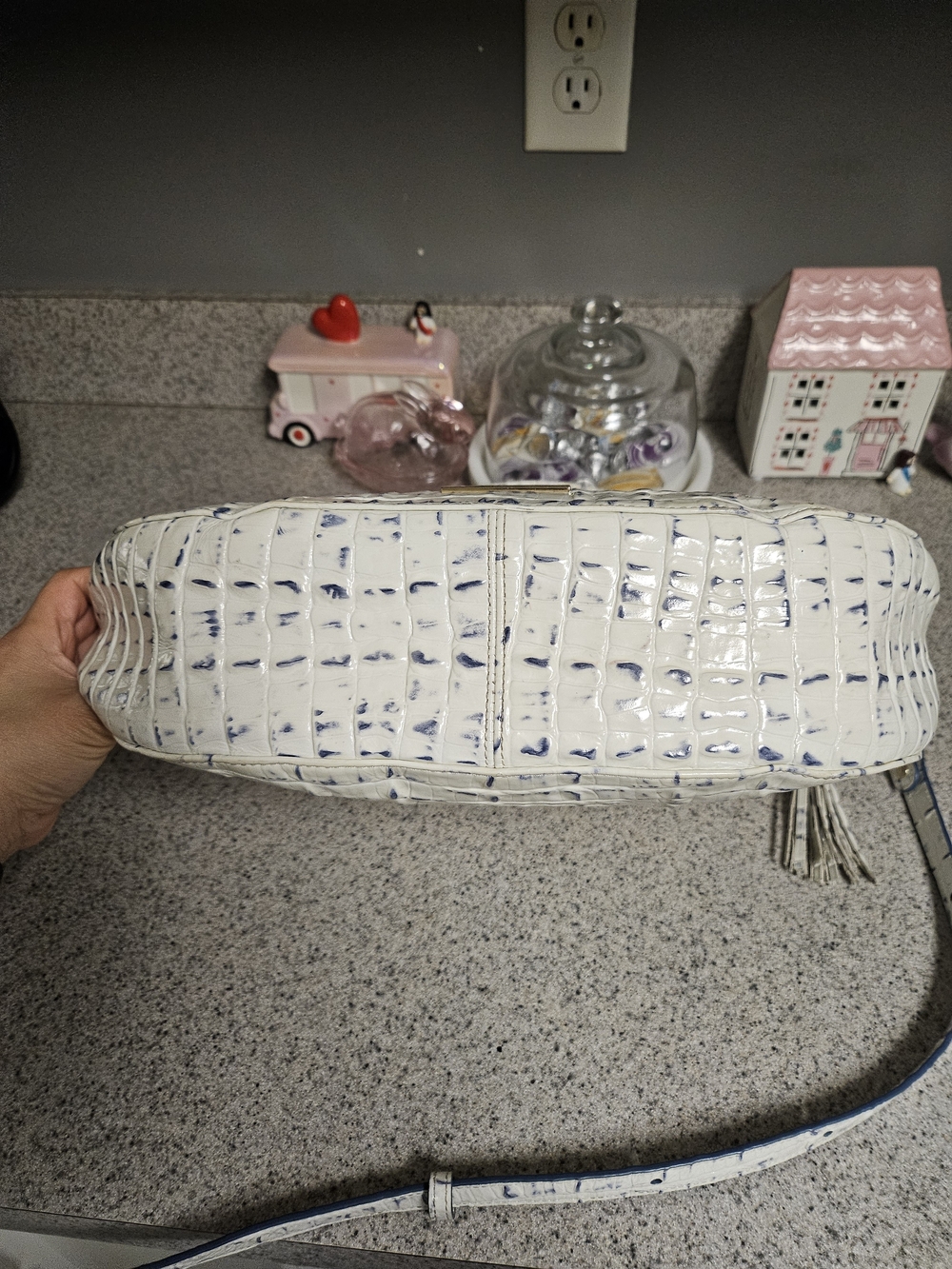Brahmin White Croc-Embossed Shoulder Bag with Navy Accents - Picture 13 of 16
